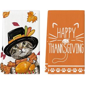 Artoid Mode Cat Turkey Happy Thanksgiving Kitchen Towels Dish Towels, 18x26 Inch Fall Leaves Decoration Hand Towels Set of 2