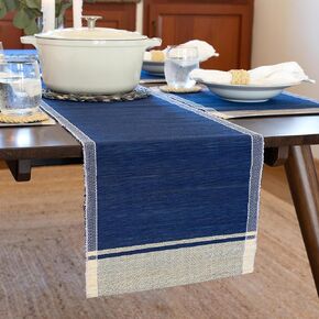 KAZI Essentials Boho Woven Table Runner, Decorative Coastal Raffia Runner, Eco-Friendly Handmade by African Artisans (72" Long, Navy)