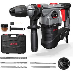ZKH 1-1/4" SDS-Plus Rotary Hammer Drill for Concrete, 12.5 Amp Corded Heavy Duty Rotary Hammer with Safety Clutch, 4 Functions Vibration Control, Includes Chisels, Drill Bits, Grease and Carrying Case