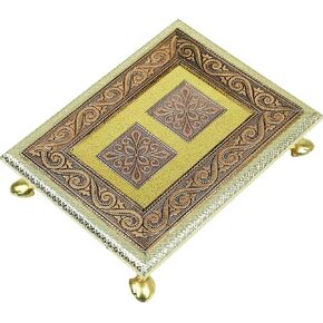 Aditri Creation Wooden Meenakari Puja Pooja Bajot/Table/Chowki aasan (Size :-12" X 8" X 2") Indian Traditional Cultural Religious Chaurang Vintage Gold Design Decor Small for mandir Temple (9" X 7")