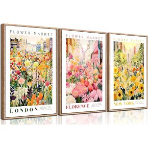 3Pcs Flower Market Color Botanical Canvas Wall Art Colorful Wildflower Sunflower Wall Decor Pictures Yellow Pink Floral Travel Posters Prints for Kitchen Bathroom Living Room Bedroom Decoration