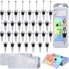 Blulu 30 Pieces Beadable Wine Stoppers for Wine Bottles Wine Party Favors 30 Pcs Silver Resealable Bags and Thank You Cards for Wedding Holiday Party Gifts Beverages Bar Champagne Soda