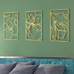 Pinetree Art Gold Metal Wall Art Flowers 3D Line الحد الأدنى ديكور الجدار النحت الحد الأدنى ديكور المنزل غرفة المعيشة غرفة نوم الجدار الديكور، مجموعة من 3 (زهرة الذهب) in Kuwait