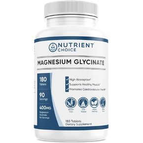 Nutrient Choice 400 mg Magnesium Glycinate 180 Tablets 90 Servings High Absorption Non-GMO Magnesium for Muscle, Heart, Nerve & Bone Support Gluten Free Promotes Cardiovascular Health Made in USA