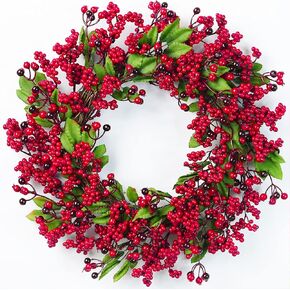 18 Inch Christmas Red Berry Wreath,Xmas Artificial Berries Wreath Lifelike Holly Winterberry Wreath for Front Door Indoor Outdoor Home Christmas Decorations