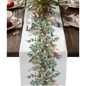 Christmas Table Runner Eucalyptus Leaves Table Runners,Cardinal Berry Green Plant Pine Cones on White Decorative Dresser Scarf for Home Kitchen Dinning Room Banquet Holiday Party 13x72in