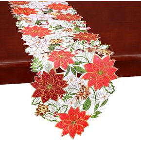 Simhomsen Christmas Poinsettia Embroidered Table Runner for Holiday Decor (14×88 inches)