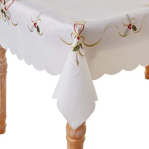Violet Linen Embroidered Red Christmas Table Topper, 36" Square, Snowflakes