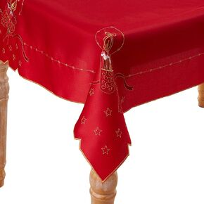 Violet Linen Embroidered Red Christmas Table Topper, 36" Square, Snowflakes
