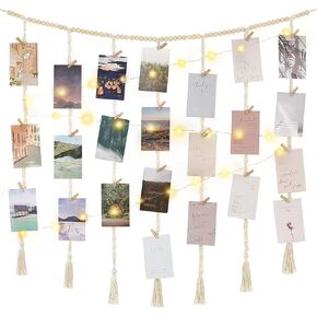Macrame Wall Hanging Photo Display Pictures Wall with 45 Clips & String Lights,Boho Wall Hanging Decor for Teen Girl Gifts Trendy Stuff Christmas Teenage Teen Girl Gifts Ages 10 11 12 13 14 15
