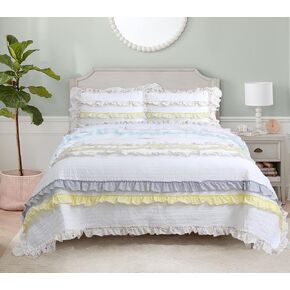 Cozy Line Home Fashions Light Pink Blue Coral White Ruffle 100% Cotton Reversible Girl Quilt Bedding Set, Reversible Coverlet Bedspread (Shabby Chic, Queen - 3 Piece)
