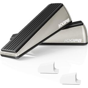 2 Pack Rubber Door Stopper Wedge - Heavy Duty Door Stoppers Stop Wedge Made of Premium Quality Brushed Stainless Steel, Wall Protector for Home & School with Self Adhesive Holder Matt Chrome