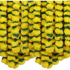 Marubhumi Artificial Marigold Flower Strands Garland for Diwali Decor,5 Feet Long Strands, Garland for Decoration, Diwali Decorations for Home, Christmas Decor Wedding Decor, Yellow & Green- 5 PCS
