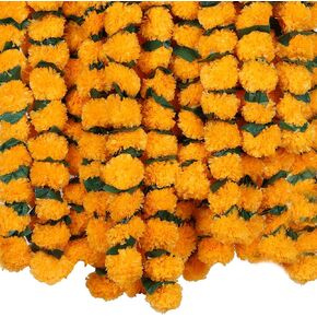 Marubhumi Artificial Marigold Flower Strands Garland for Diwali Decor,5 Feet Long Strands, Garland for Decoration, Diwali Decorations for Home, Christmas Decor Wedding Decor, Yellow & Green- 5 PCS