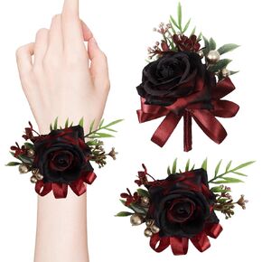 2 Pcs Wine Red Rose Corsage and Boutonniere Set for Wedding, Artificial Flower Prom Wrist Corsage, Wrist Corsage and Men Boutonniere Set for Prom Suit Decoration Wedding Flower Party Accessories in Kuwait