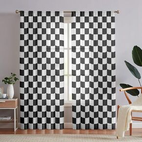 Semi Sheer Black and White Curtains Checkered Flag Racing Race Car Line Privacy Light Filtering Rod Pocket Curtains for Bedroom Living Room(42" W x 63" L, 2 Panels)