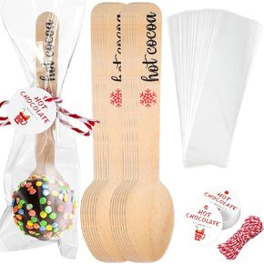 100 Set Christmas Wooden Spoons Hot Cocoa Chocolate Marshmallow Spoon Hot Chocolate Bar Stirring Spoons Hot Chocolate Spoons with Tag Bag Rope for Hot Cocoa Cake Candy Baking(Hot Cocoa)