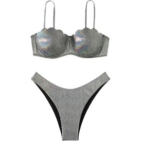 Milumia Women's 2 Piece Metallic Scallop Trim Bikini Set Push Up High Leg Swimsuit