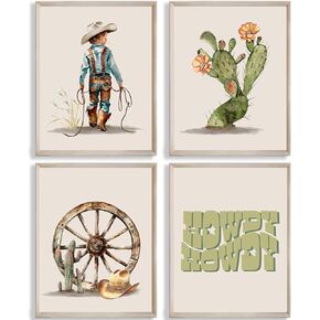 NIIORE Western Themed Wall Art Prints, Western Cowboy Wall Art, Cowboy, Cactus, Wagon Wheel, Western Cowboy Hats Desert Boho Canvas Prints for Kids Room Nursery Decor, Set of 4 - (8 x 10 in Unframed)