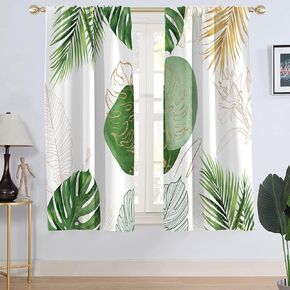 AAtter Green and Gold Floral Window Curtain Abstract White Brown Boho Leaf Plant Sage Monstera Tropical Palm Greenery Living Room Bedroom Window Drapes Treatment Fabric 1 Pair, 42" W x 63" L, Nature