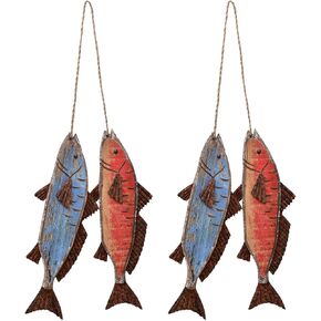 Antique Wood Fish Decor Decorative Wooden Hanging Fish Nautical Indoor Outdoor Decorations Wall Art Ornament (Set of 4)