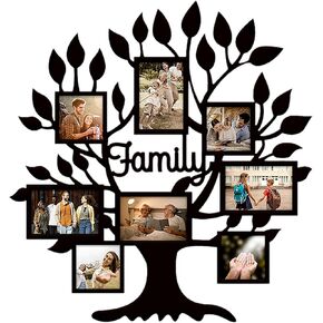 MODE HOME 26x27 بوصة إطار صورة شجرة العائلة ديكور جدار ملصقة، ديكور جدار شجرة العائلة ريفي للمنزل، إطار صورة مجمعة للمزرعة للجدار، إطارات الصور صور متعددة مثالية لديكور المزرعة الحديثة (أسود)