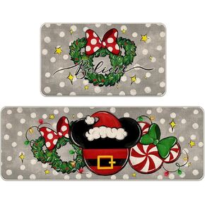 Christmas Gray Decorative Front Door Mat, Xmas Peppermint Candy Wreath Polka Dot Doormat Indoor Outdoor Non-Slip Floor Entryway Rug, Winter Holiday Home Kitchen Decoration 17x29 Inch