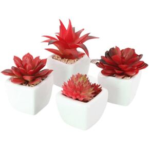 4 Pack Mini Succulents Plants Artificial Fake Succulents Pots Faux Succulents Ceramic Plants Potted for Home Decorations Garden Decor (Red)