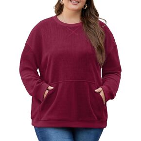 OLRIK Plus Size Sweatshirts for Women Corduroy Knit Long Sleeve Crew Neck Pullover with Pocket 2024 Trendy Sweater 1X-5X