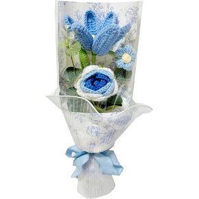 Crochet Flowers,Blue Crochet Flower Bouquet,Finished Handmade Flowers,for Valentines Day Mother's Day Birthday Wedding Teacher’Day Gift and Home Decor and Desk Decoration