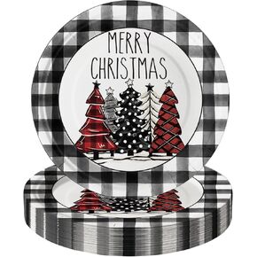 Horaldaily 40Pcs Christmas Paper Plates, Black Buffalo Plaid Merry Christmas Trees Plates for Party Birthday Holiday Dinner Event Disposable Tableware Supplies Decor, 7lnch