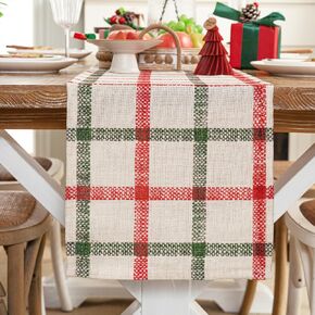 DriftAway Decorative Table Runner Christmas Plaid Green Table Runner Linen Seasonal Winter Xmas Table Runner Holiday Kitchen Dining Table Decoration for Indoor Outdoor Home Party Decor 12 x 84