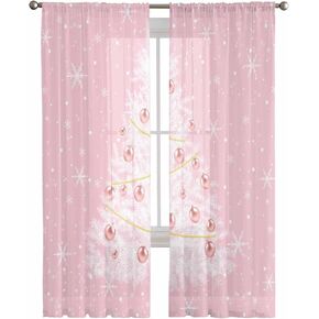 Pink Semi Sheer Curtains 84 in Length, Winter Christmas Eve White Xmas Tree Christmas Ball Window Treatments Curtains,Light Filter Curtains Rod Pocket Drapes for Living Room Bedroom,2 Panels
