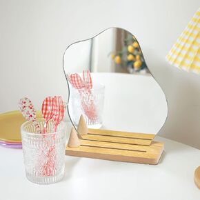 Natsukage Glass Makeup Mirror for Desk with Stand Angle Vanity Mirror with Ring Holder Aesthetic Table Frameless Glass Mirror Room Decor for Living Room Bedroom-Natural
