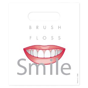 Practicon Brush Floss & Smile 7-3/4" x 9" Dental Giveaway Bag, Dental Hygiene Patient Care Goodie Bag, Dentist Office Plastic Gift Bags, 100 Pack