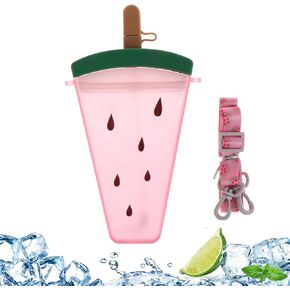 Cute Watermelon Slice Shape Water Bottles, 320ml Plastic Drinking Bottles with Straw and Adjustable Shoulder Strap, Portable Leakproof Water Cup for Outdoors Sports Camping Travel