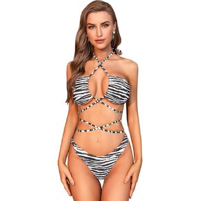 WDIRARA Women's Zebra Print Cut Out Crisscross Halter Bikini Swimsuit Two Piece Bathing Suits