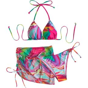 SOLY HUX Women's Halter Tie Side Triangle Bikini Sets Tie Dye High Cut Swimsuit 3 Piece Bathing Suit