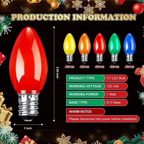 Retisee 200 Pcs C7 Led Light Bulbs Bulk Replacement Christmas Night Light Bulb Shatterproof 1W Mini Bulb E12 Candelabra Base Decor for Outdoor String Lights, Candle Lamps, XmasTree Patio(Multicolor) in Saudi Arabia