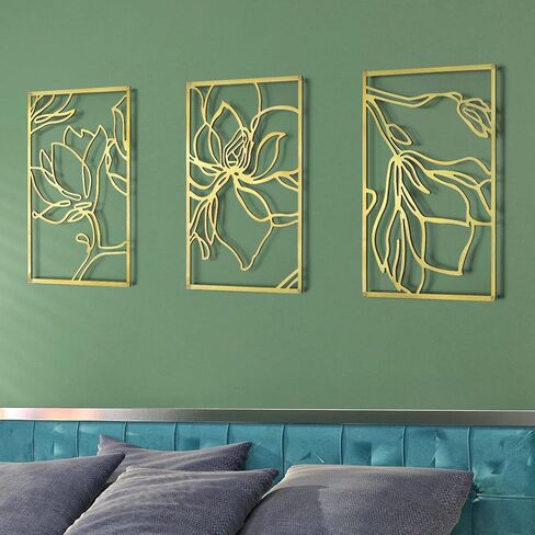 Pinetree Art Gold Metal Wall Art Flowers 3D Line الحد الأدنى ديكور الجدار النحت الحد الأدنى ديكور المنزل غرفة المعيشة غرفة نوم الجدار الديكور، مجموعة من 3 (زهرة الذهب) in Kuwait