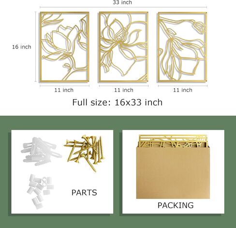 Pinetree Art Gold Metal Wall Art Flowers 3D Line الحد الأدنى ديكور الجدار النحت الحد الأدنى ديكور المنزل غرفة المعيشة غرفة نوم الجدار الديكور، مجموعة من 3 (زهرة الذهب) in Kuwait