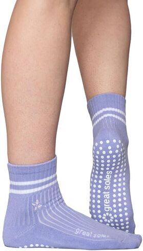 Great Soles - Non Slip Yoga Socks for Pilates, Barre, Ballet and Everyday Wear - Greer Crew Grip Sock - Lilac/White Flower Embroidery in Saudi Arabia