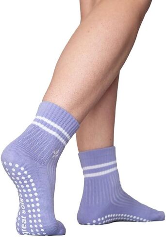 Great Soles - Non Slip Yoga Socks for Pilates, Barre, Ballet and Everyday Wear - Greer Crew Grip Sock - Lilac/White Flower Embroidery in Saudi Arabia