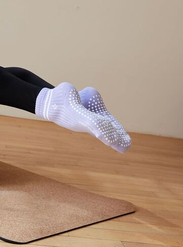Great Soles - Non Slip Yoga Socks for Pilates, Barre, Ballet and Everyday Wear - Greer Crew Grip Sock - Lilac/White Flower Embroidery in Saudi Arabia