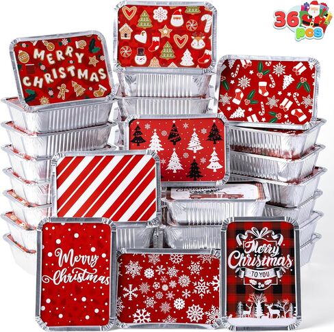 JOYIN 36 قطعة من حاويات رقائق عيد الميلاد مع أغطية، 9 تصميمات للعطلات، حاويات رقائق معدنية مستطيلة مقاس 7 بوصة × 5 بوصة × 2 بوصة، صينية تخزين الطعام للاستعمال مرة واحدة لحاوية بقايا الطعام في العطلات in Saudi Arabia