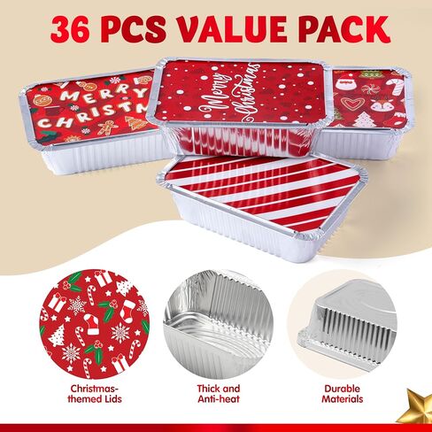 JOYIN 36 قطعة من حاويات رقائق عيد الميلاد مع أغطية، 9 تصميمات للعطلات، حاويات رقائق معدنية مستطيلة مقاس 7 بوصة × 5 بوصة × 2 بوصة، صينية تخزين الطعام للاستعمال مرة واحدة لحاوية بقايا الطعام في العطلات in Saudi Arabia