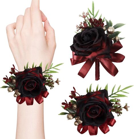 2 Pcs Wine Red Rose Corsage and Boutonniere Set for Wedding, Artificial Flower Prom Wrist Corsage, Wrist Corsage and Men Boutonniere Set for Prom Suit Decoration Wedding Flower Party Accessories in Kuwait