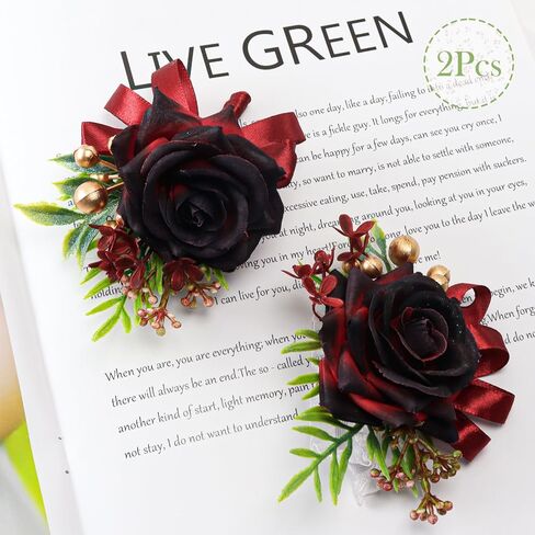 2 Pcs Wine Red Rose Corsage and Boutonniere Set for Wedding, Artificial Flower Prom Wrist Corsage, Wrist Corsage and Men Boutonniere Set for Prom Suit Decoration Wedding Flower Party Accessories in Kuwait