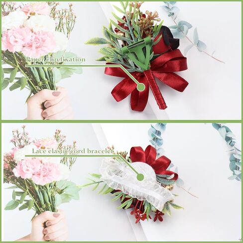 2 Pcs Wine Red Rose Corsage and Boutonniere Set for Wedding, Artificial Flower Prom Wrist Corsage, Wrist Corsage and Men Boutonniere Set for Prom Suit Decoration Wedding Flower Party Accessories in Kuwait
