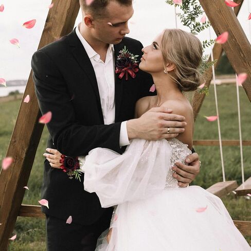 2 Pcs Wine Red Rose Corsage and Boutonniere Set for Wedding, Artificial Flower Prom Wrist Corsage, Wrist Corsage and Men Boutonniere Set for Prom Suit Decoration Wedding Flower Party Accessories in Kuwait